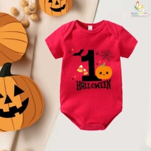 My First Halloween Baby Romper – Half Sleeve Red Bodysuit with Cute Pumpkin Print for Newborn Infant Baby Girl or Boy Halloween Outfit – Babywish