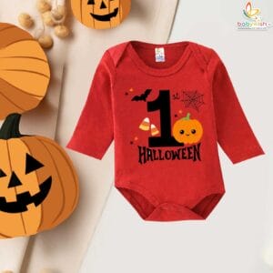 My First Halloween Baby Romper – Red Full Sleeve Bodysuit with Cute Pumpkin Print for Newborn Infant Baby Girl or Boy Halloween Costume – Babywish