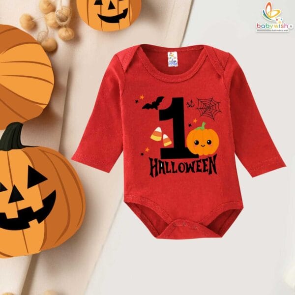 My First Halloween Baby Romper – Red Full Sleeve Bodysuit with Cute Pumpkin Print for Newborn Infant Baby Girl or Boy Halloween Costume – Babywish