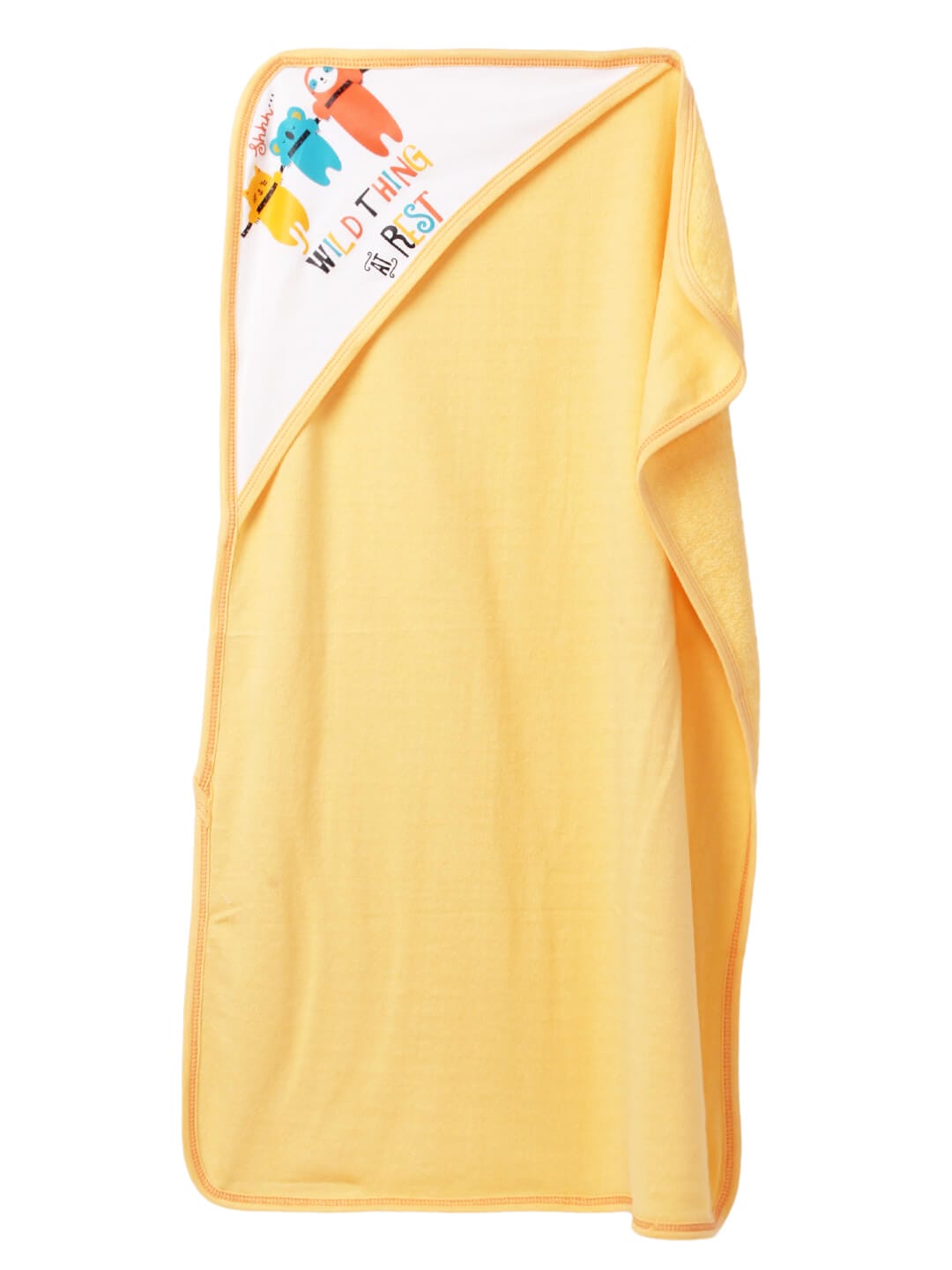 Yellow cotton hooded baby towel with cute Wild Thing print by Babywish