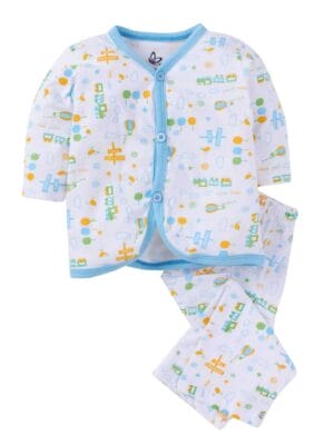 kids top bottom baby Jhabla Set Full Sleeve Pure Cotton kids tshirt Jhabla pajama set - Blue Magic Train Print
