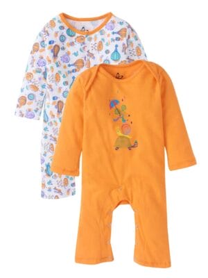 Baby Boy's and Baby Girl’s Bodysuits Cotton Full Sleeve Rompers Onesies for Infant Orange Rainbow Print Set of 2