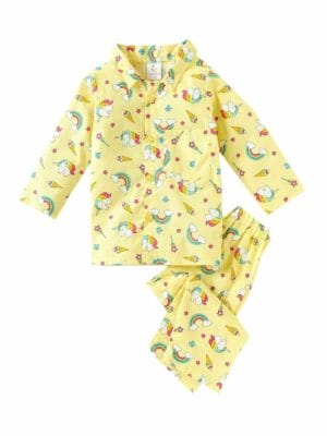 Kids Sleepsuit for Baby Boy’s and Girl’s Topwear and Pajamas Set Long Sleeve Sleepwear Baby Clothing Sets - Yellow Unicorn Rainbow