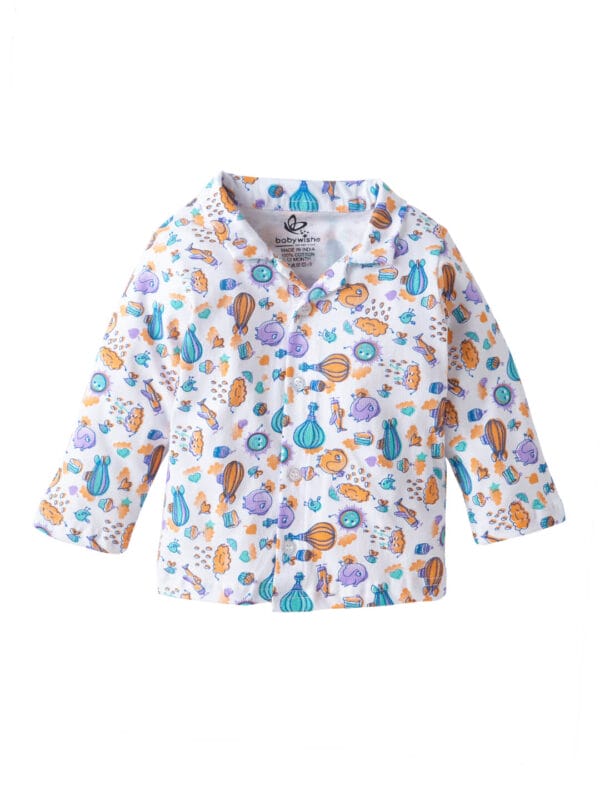 Babywish Front Open Cotton Shirt with Cartoon Print – Newborn Babywear for Boys & Girls