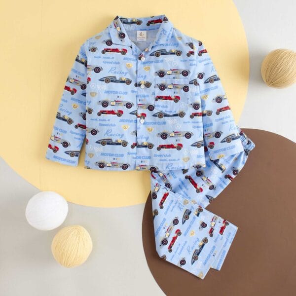Kids Sleepsuit for Baby Boy’s and Girl’s Topwear and Pajamas Set Long Sleeve Sleepwear Baby Clothing Sets - Blue Race Car - Image 2