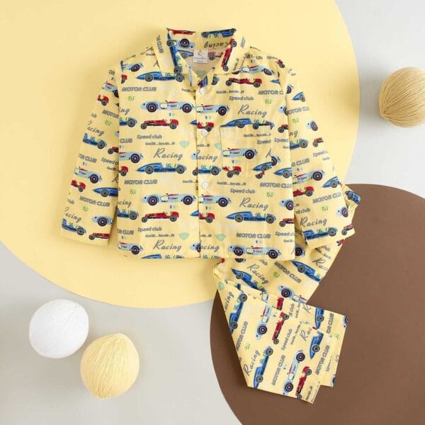 Kids Sleepsuit for Baby Boy’s and Girl’s Topwear and Pajamas Set Long Sleeve Sleepwear Baby Clothing Sets - Yellow Race Car - Image 2