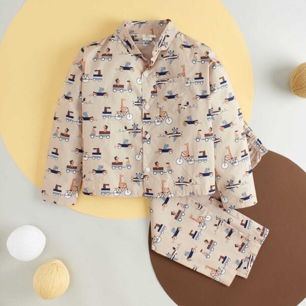 Kids Sleepsuit for Baby Boy’s and Girl’s Topwear and Pajamas Set Long Sleeve Sleepwear Baby Clothing Sets - Peach Vehicles Print