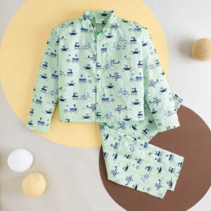 Kids Sleepsuit for Baby Boy’s and Girl’s Topwear and Pajamas Set Long Sleeve Sleepwear Baby Clothing Sets - Green Vehicles Print