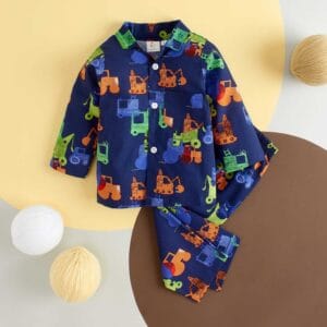 Kids Sleepsuit for Baby Boy’s and Girl’s Topwear and Pajamas Set Long Sleeve Sleepwear Baby Clothing Sets - Blue Construction Print