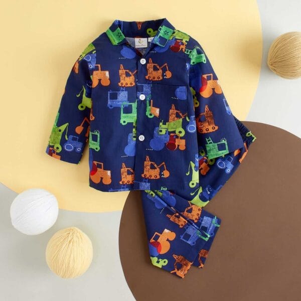 Kids Sleepsuit for Baby Boy’s and Girl’s Topwear and Pajamas Set Long Sleeve Sleepwear Baby Clothing Sets - Blue Construction Print