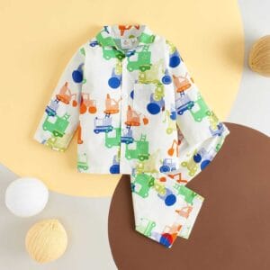 Kids Sleepsuit for Baby Boy’s and Girl’s Topwear and Pajamas Set Long Sleeve Sleepwear Baby Clothing Sets - White Construction Print