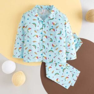 Kids Sleepsuit for Baby Boy’s and Girl’s Topwear and Pajamas Set Long Sleeve Sleepwear Baby Clothing Sets - Light Blue Unicorn Rainbow