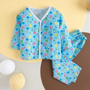 kids top bottom baby Jhabla Set Full Sleeve Pure Flannel kids tshirt Jhabla pajama set - Blue Flannel Fruits Print