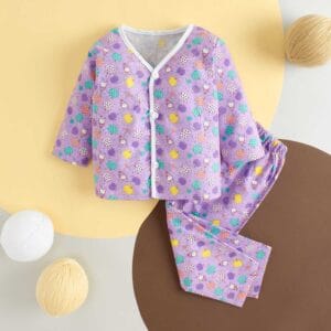 kids top bottom baby Jhabla Set Full Sleeve Pure Flannel kids tshirt Jhabla pajama set - Purple Flannel Fruits Print
