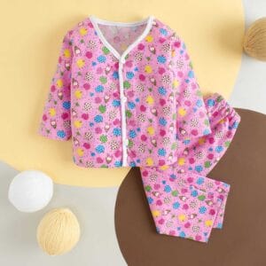 kids top bottom baby Jhabla Set Full Sleeve Pure Flannel kids tshirt Jhabla pajama set - Pink Flannel Fruits Print