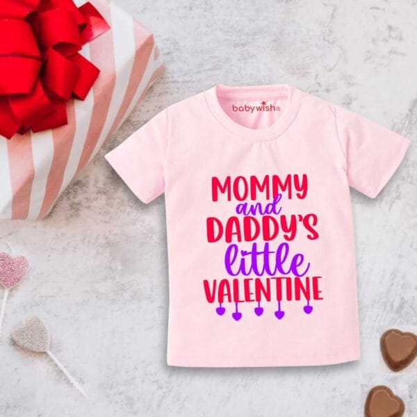 Valentine Day T-shirt for Kids Unisex Valentine Topwear Outfit Printed Half Sleeve Tshirt Dress for Boy n Girl "Mummy Daddy Little Valentine" - Image 2