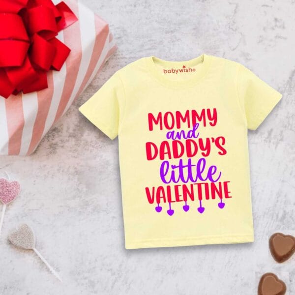 Valentine Day T-shirt for Kids Unisex Valentine Topwear Outfit Printed Half Sleeve Tshirt Dress for Boy n Girl "Mummy Daddy Little Valentine"