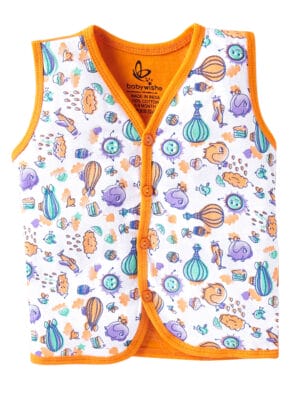 Sleeveless baby vest with colorful prints and orange trim