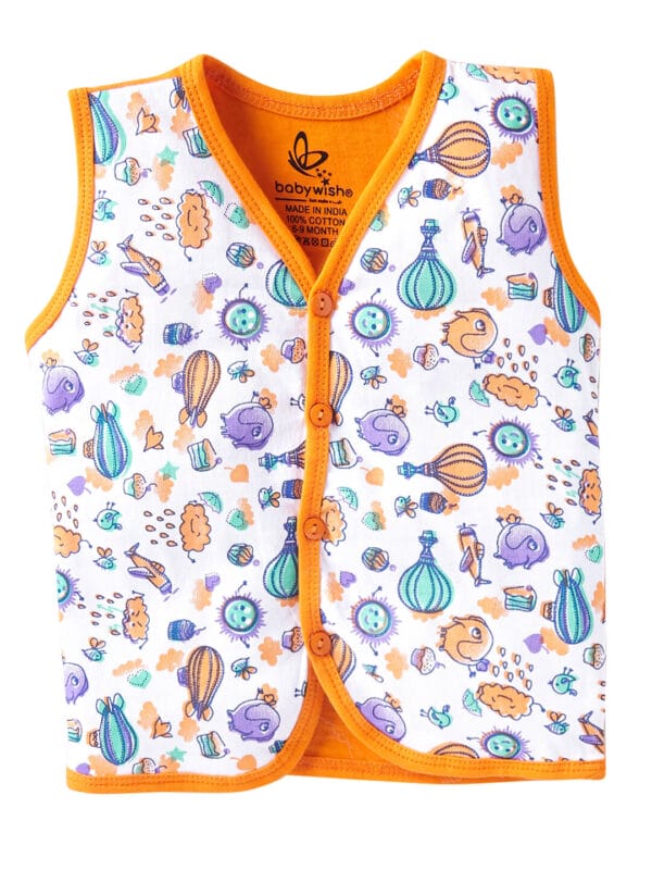 Sleeveless baby vest with colorful prints and orange trim