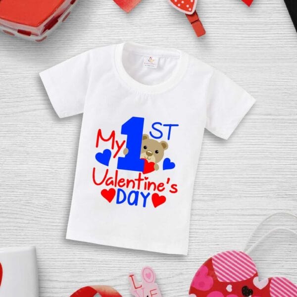 Valentine Day T-shirt for Kids Unisex Valentine Topwear Outfit Printed Half Sleeve Tshirt Dress for Boy n Girl "My 1st Heart Print Valentine" - Image 3