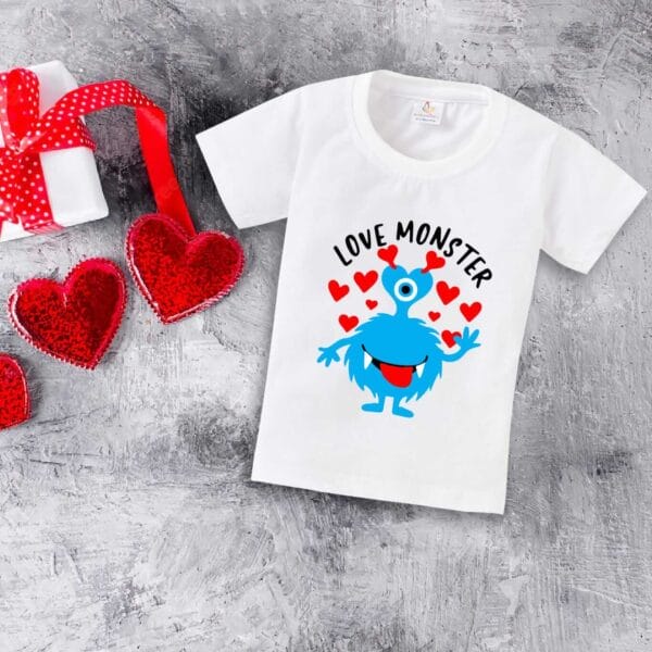 Valentine Day T-shirt for Kids Unisex Valentine Topwear Outfit Printed Half Sleeve Tshirt Dress for Boy n Girl "Love on monster" - Image 3