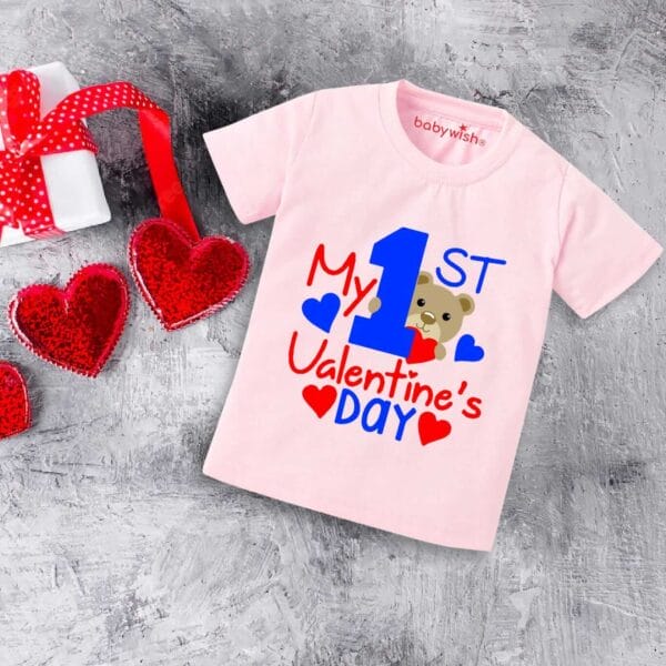 Valentine Day T-shirt for Kids Unisex Valentine Topwear Outfit Printed Half Sleeve Tshirt Dress for Boy n Girl "My 1st Heart Print Valentine" - Image 2