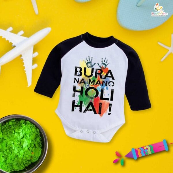 My First Holi Full Sleeve Romper – "Bura Na Mano Holi Hai" Baby Bodysuit for Boys & Girls – Babywish - Image 3