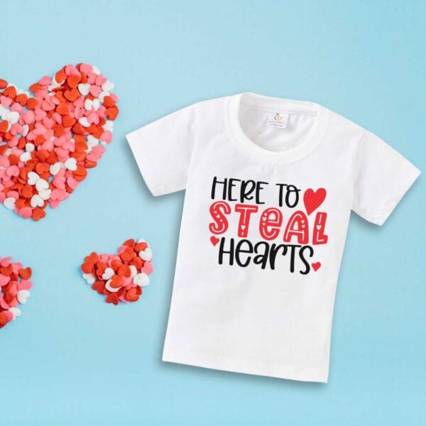 Valentine Day T-shirt for Kids Unisex Valentine Topwear Outfit Printed Half Sleeve Tshirt Dress for Boy n Girl "Heart Stoled on Valentine"