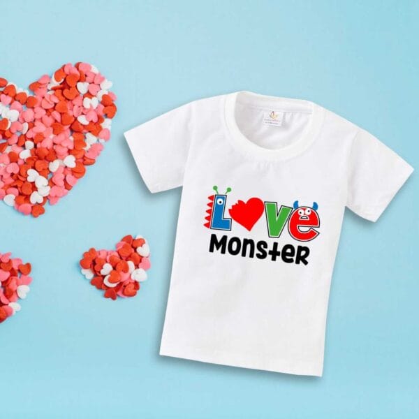 Valentine Day T-shirt for Kids Unisex Valentine Topwear Outfit Printed Half Sleeve Tshirt Dress for Boy n Girl "Love Monster on Valentine" - Image 3
