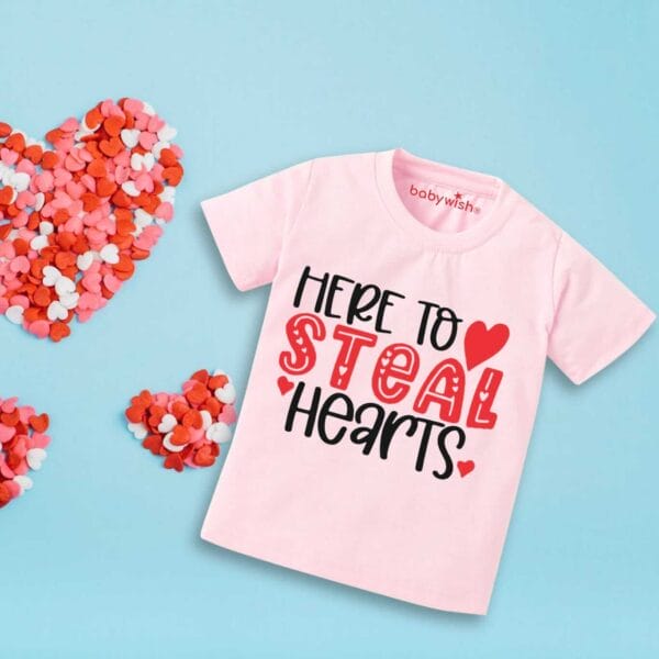 Valentine Day T-shirt for Kids Unisex Valentine Topwear Outfit Printed Half Sleeve Tshirt Dress for Boy n Girl "Heart Stoled on Valentine" - Image 2