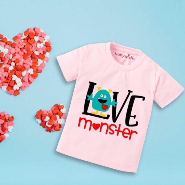 Valentine Day T-shirt for Kids Unisex Valentine Topwear Outfit Printed Half Sleeve Tshirt Dress for Boy n Girl "Love on Valentine monster" - Image 2