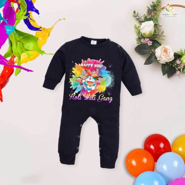 My First Holi Full Body Romper – "Happy Holi" Cartoon Print Baby Bodysuit for Boys & Girls – Babywish - Image 2