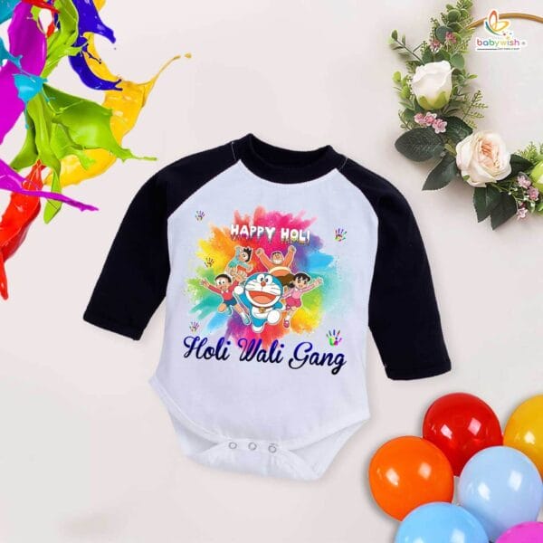 My First Holi Full Sleeve Romper – "Happy Holi" Cartoon Print Bodysuit for Babies – Babywish - Image 4
