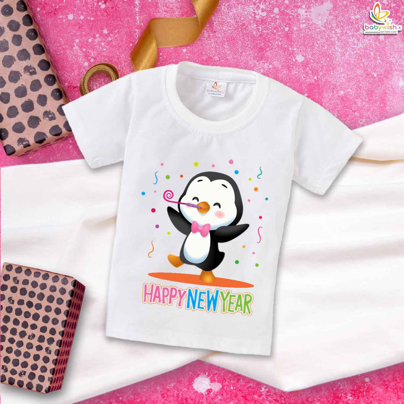 My First Happy New Year T-Shirt for Kids | Unisex Half Sleeve Printed Topwear Outfit | Cute Baby Boys & Girls New Year Celebration Clothes Cotton Dress – Babywish