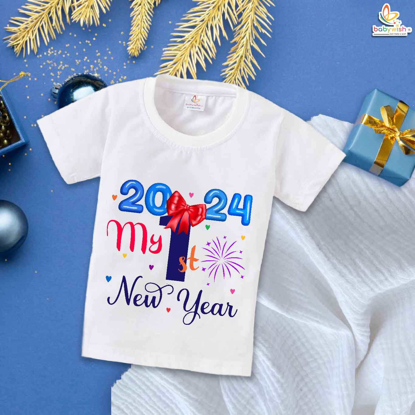 My First New Year Knot Floral Printed T-Shirt | Baby Boys & Girls Outfit | Cotton Half Sleeve Topwear | Infant New Year Celebration Clothes | Cute Baby Party Wear - Babywish