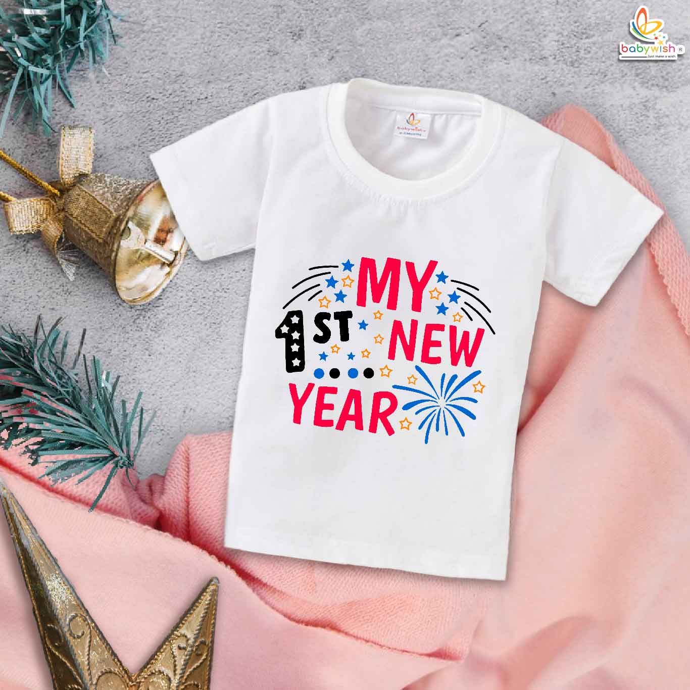 My First New Year T-Shirt Design Printed | Unisex Half Sleeve Cotton Topwear Outfit | Cute Baby Boys & Girls Printed Happy New Year Celebration Clothes Stylish Festive Dress – Babywish