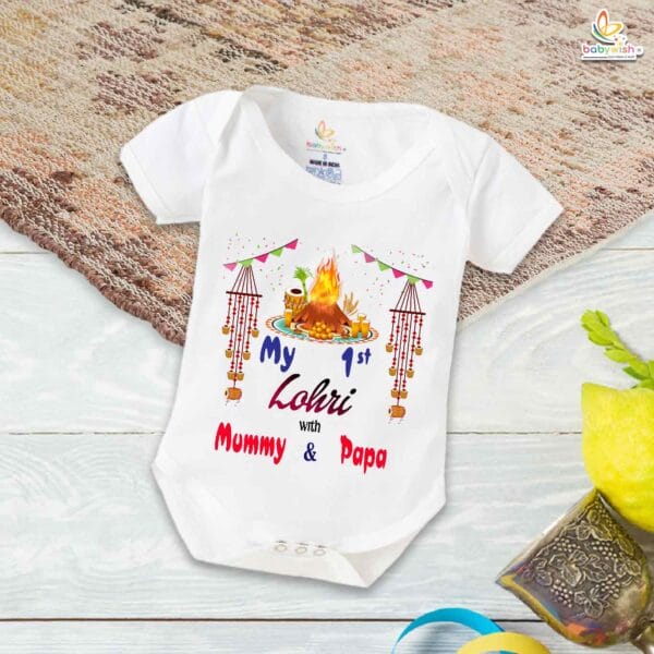 My First Lohri Romper | Lohri with Mummy & Papa Baby Bodysuit | Festive Outfit for Baby Boys & Girls – Babywish - Image 5
