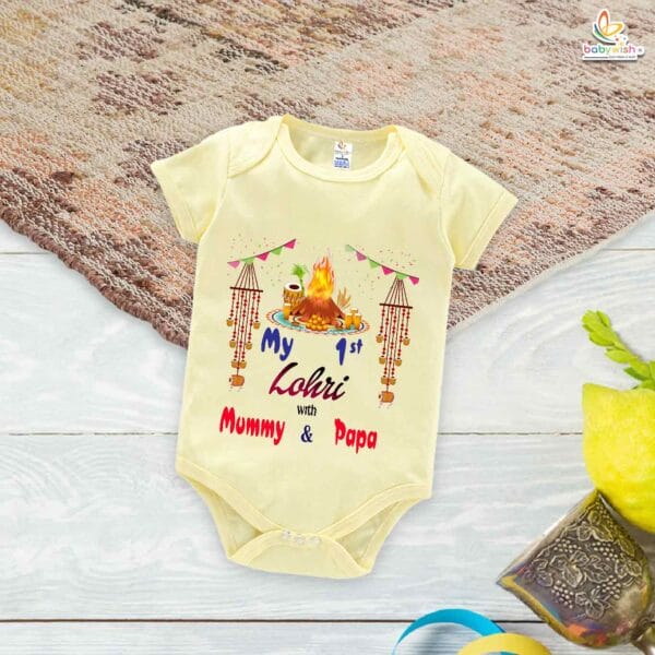 My First Lohri Romper | Lohri with Mummy & Papa Baby Bodysuit | Festive Outfit for Baby Boys & Girls – Babywish - Image 2