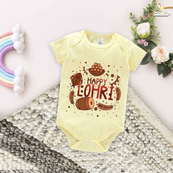 My First Lohri Romper | Happy Lohri with Sweets Baby Bodysuit for Boys & Girls | Newborn Lohri Celebration Outfit & Ethnic Babywear – Babywish - Image 2