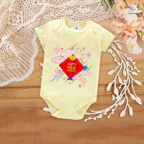 My First Makar Sankranti Baby Romper – Kite Printed Festive Bodysuit for Newborns & Infants | Sankranti Baby Outfit India | Babywish - Image 3