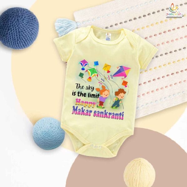 The Sky Is the Limit Baby Romper – My First Makar Sankranti Bodysuit | Happy Makar Sankranti Outfit with Kite Print for Baby Boys & Girls – Babywish - Image 3