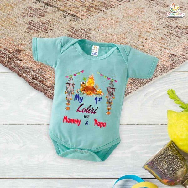 My First Lohri Romper | Lohri with Mummy & Papa Baby Bodysuit | Festive Outfit for Baby Boys & Girls – Babywish - Image 4