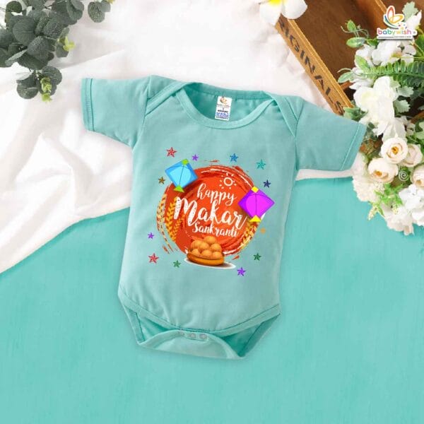Happy Makar Sankranti with Sweets – My First Sankranti Baby Romper & Festive Bodysuit for Newborns & Infants | Traditional Babywear India | Babywish - Image 2
