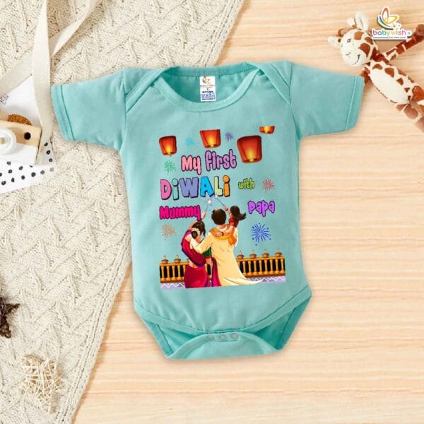 Babywish Baby Diwali Romper Bodysuit My First Diwali My First Diwali with Mom & Dad - Image 3