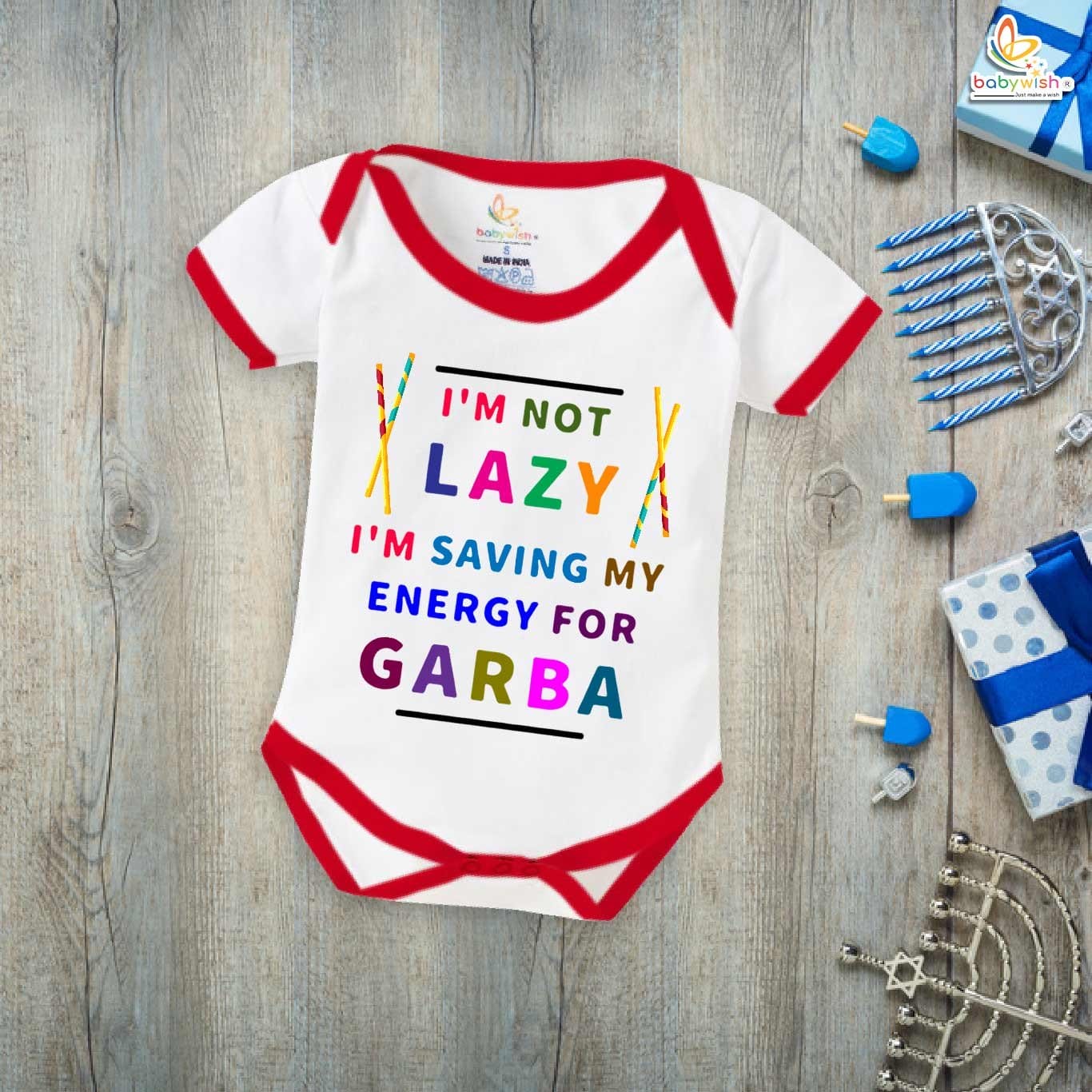 Babywish Baby Navratri Romper Bodysuit My First Dussehra I am not Lazy I'm Saving Energy for Garba