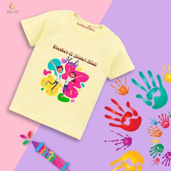 Holi T-shirt for Kids Unisex Holi Topwear Outfit Printed Half Sleeve Tshirt Dress for Boy n Girl "Brother's & Sister Wali Holi"