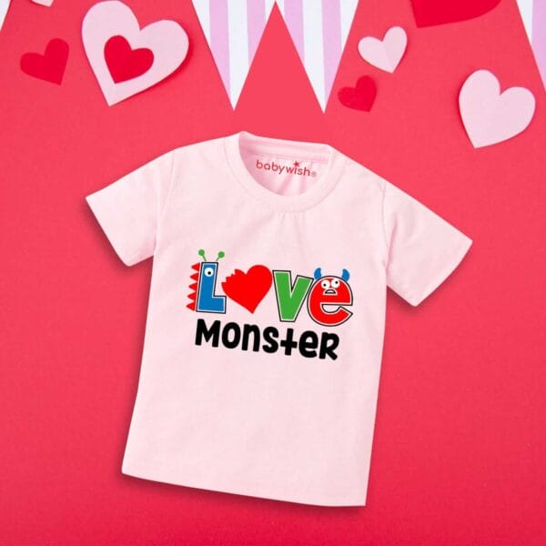 Valentine Day T-shirt for Kids Unisex Valentine Topwear Outfit Printed Half Sleeve Tshirt Dress for Boy n Girl "Love Monster on Valentine" - Image 2