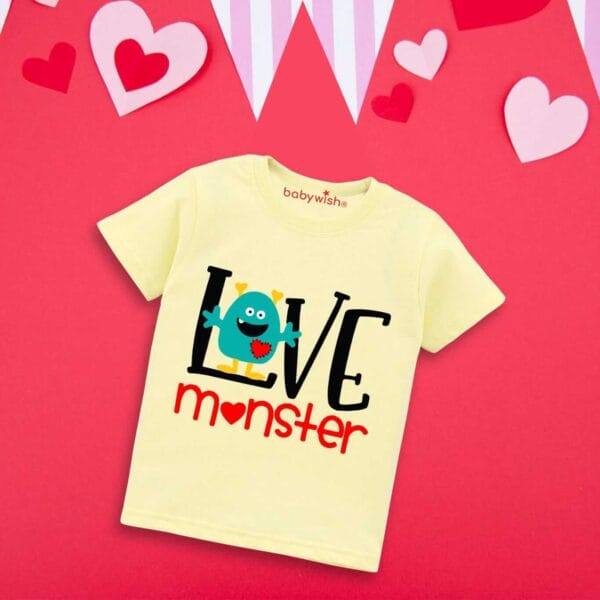Valentine Day T-shirt for Kids Unisex Valentine Topwear Outfit Printed Half Sleeve Tshirt Dress for Boy n Girl "Love on Valentine monster"