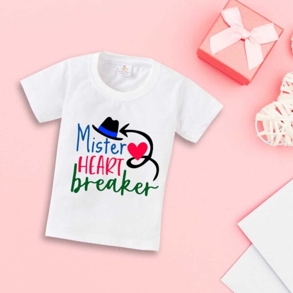 Valentine Day T-shirt for Kids Unisex Valentine Topwear Outfit Printed Half Sleeve Tshirt Dress for Boy n Girl "Mister Heart Breaker"