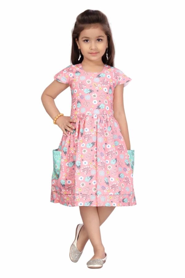 Girl Dress Knee Length Frock Floral Prints Girls Flutter Wings Sleeveless Dress two side pocket Girls Cotton Frock Topwear - All Over Floral Print - Image 3